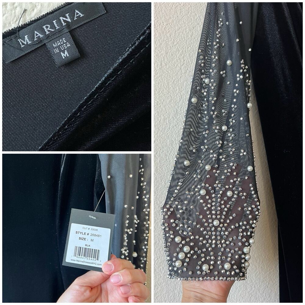 Marina Black Velvet A-Line Dress Sz M Mesh Pearl Beaded Sleeves Elegant Formal - Picture 8 of 10